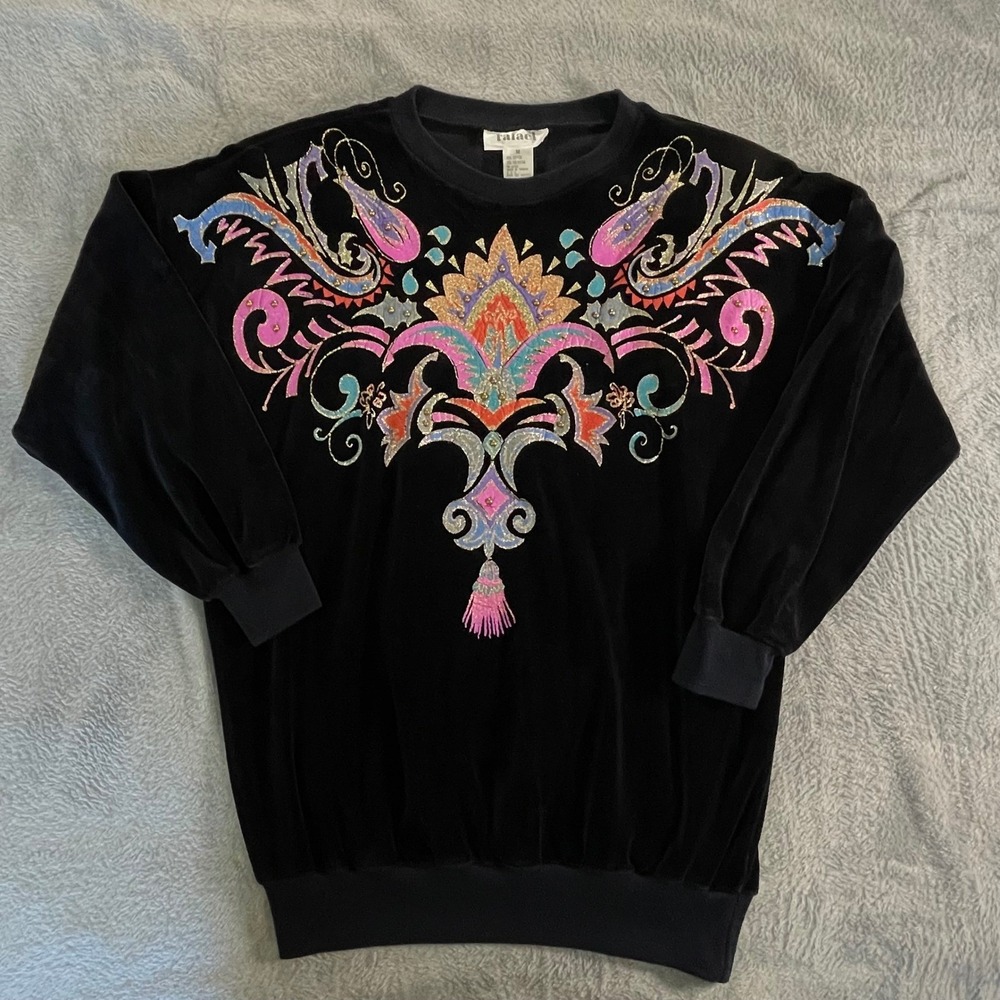 Y2K‎ Black Velour Glitter Paisley Baroque Sweatshirt Size M